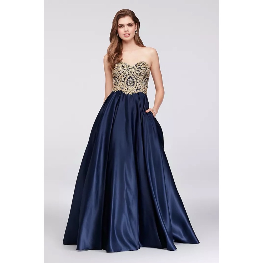 Betsy & Adam Navy Satin Ball Gown with Gold Beaded Bodice